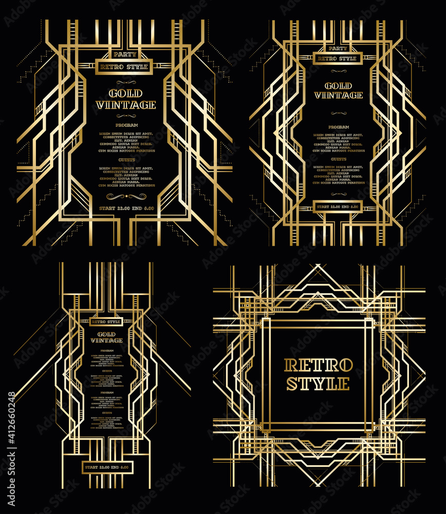 Poster art deco frame vector pattern. vector set retro pattern for vintage party gatsby style