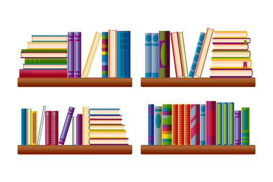 Bookcase shelves set. Bestseller books stack in cartoon style. Vector illustration isolated on white background