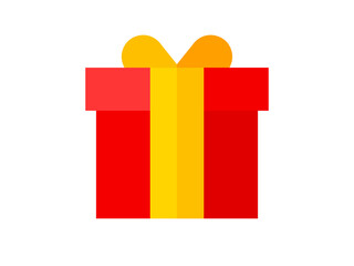 Isolated red box with a holiday gift and yellow ribbon on a white background. The colors of love and luck. Happy Valentine's Day. 