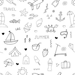 Summer set seamless pattern. Vector illustration with random elements. Design for prints and cards.