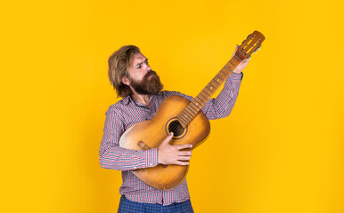 hipster with long hair and moustache guitarist. male guitarist with musical instrument. country...