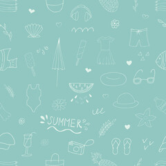Summer set seamless pattern. Vector illustration with random elements. Design for prints and cards.