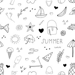 Summer set seamless pattern. Vector illustration with random elements. Design for prints and cards.
