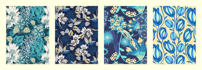 Set of cover templates with creative sloppy flowers. Blue and yellow artistic backgrounds with floral decorations. Designs is for notebook, planner, diary, poster, card. Size A4. Vector illustration