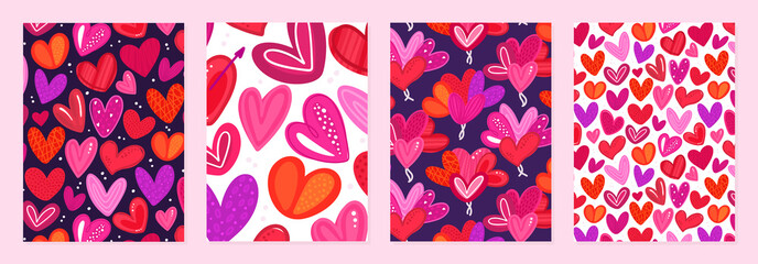 Set of cover templates with colorful hearts with hand-drawn texture. Designs for Valentine's Day. Symbol of love. Designs is for notebook, planner, diary, poster, card. Size A4. Vector illustration