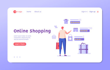 Obraz na płótnie Canvas Men choose products in the online store. Concept of online shopping, big choice, internet trade, product rating, market place, customer reviews. Vector illustration in flat design