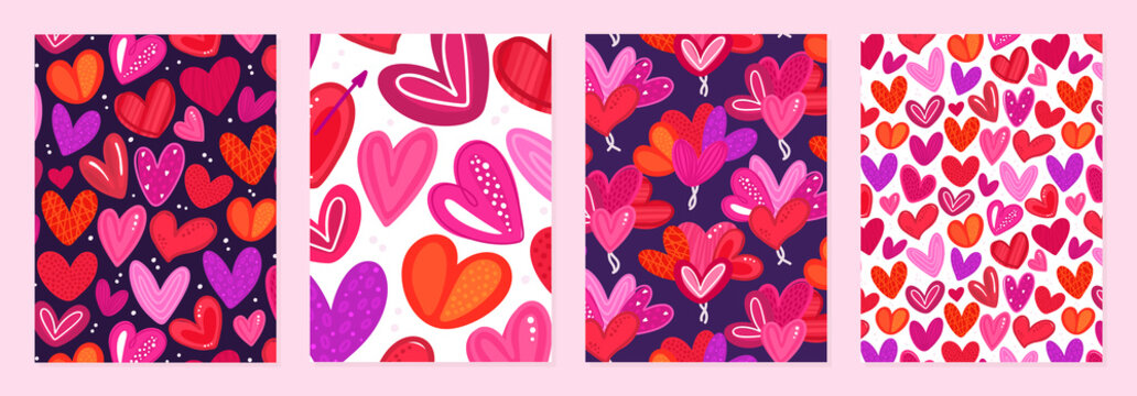 Set of cover templates with colorful hearts with hand-drawn texture. Designs for Valentine's Day. Symbol of love. Designs is for notebook, planner, diary, poster, card. Size A4. Vector illustration