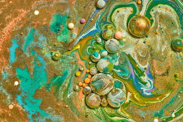 Fototapeta na wymiar Natural luxury abstract fluid art painting colourful acrylic bubbles. .Tender and dreamy marble texture wallpaper. Mixture of colors creating transparent waves and golden swirls.