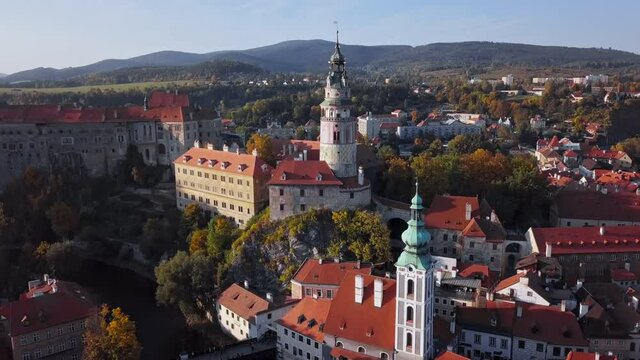 Flight over of old town Cesky Krumlov, South Bohemia, Czech Republic.