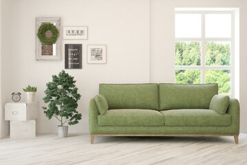 White living room with sofa and summer landscape in window. Scandinavian interior design. 3D illustration