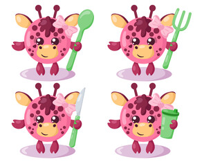 Set of funny cute kawaii giraffe with round body, spoon, fork, knife and cup in flat design with shadows. Isolated animal vector illustration with cutlery	