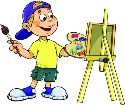 Cartoon boy painting.
A vector illustration of a cartoon smiling boy painting on canvas.

