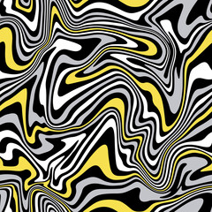 Vector seamless pattern. Abstract texture with bold monochrome wavy stripes. Creative distorted background. Decorative black, white, Illuminating yellow  and grey design.