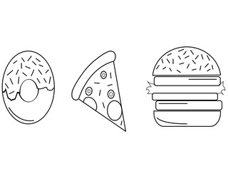 Flat icons of fast food: donut, pizza and burger on white fon