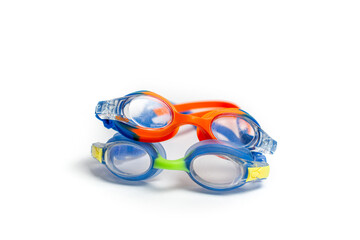 Swimming accessories on a white isolated background. Swimming goggles for swimming in the pool
