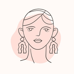 Illustration of the face of a young women on the background of an abstract shape. Hand drawn art in modern style.