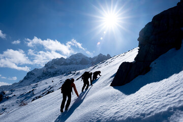 harmonious mountaineer group, successful winter walks and mystical mountain atmosphere with a view