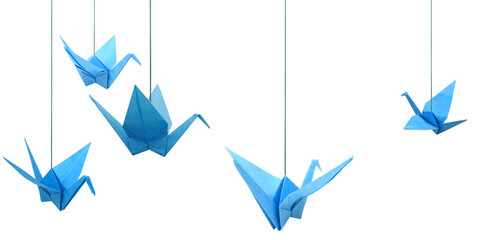 Blue origami paper cranes haning isolated white - obrazy, fototapety, plakaty