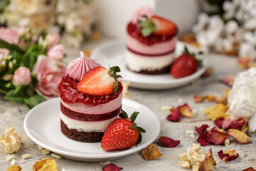 Obraz na płótnie Canvas Mini strawberry cake on a white plat