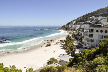 Beautiful view of Clifton Beach with its buildings overlooking the sea. Cape Town, South Africa.