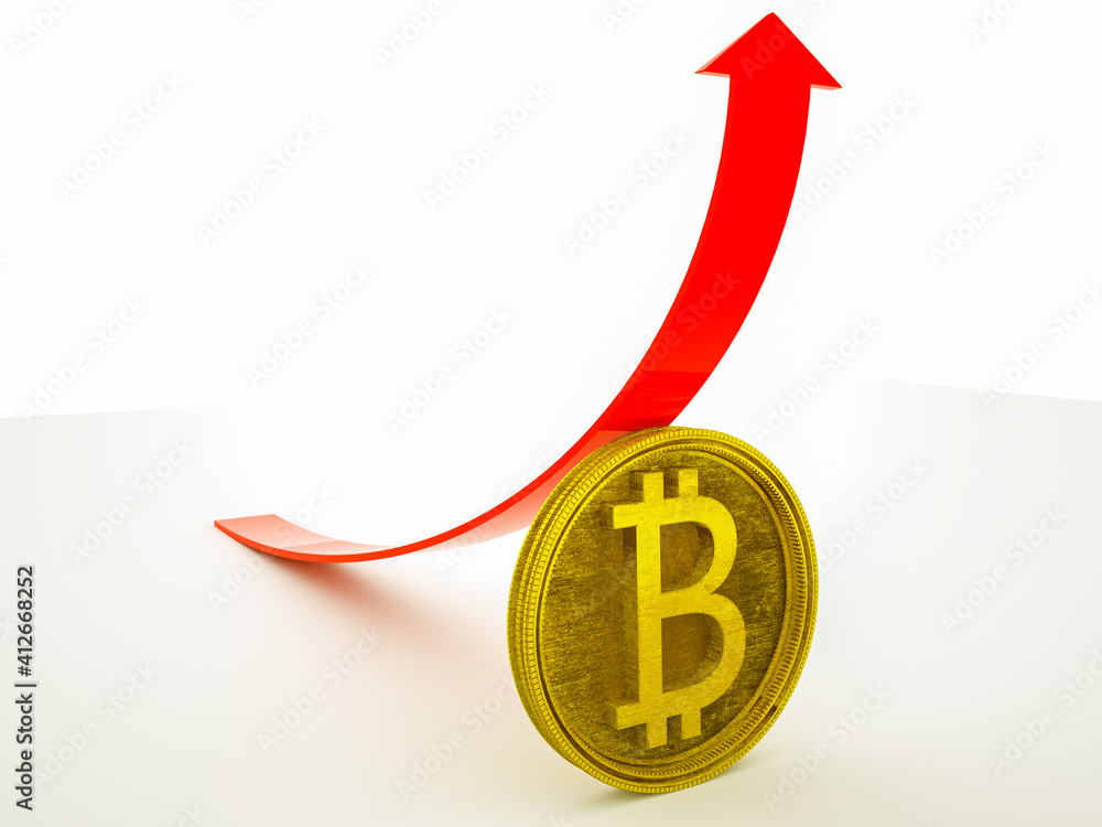 Poster 3d model of bitcoin sign and red up arrow on white background. cryptocurrency growth concept. 3d ren