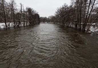 High tide in jena at saale river in winter 2021