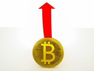 3d model of bitcoin sign and red up arrow on white background. cryptocurrency growth concept. 3d render illustration