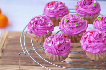  candy bar, top view. muffins with bright cream and sugar decor. Cupcakes with cream. mini cakes are laid out in a circle. dessert. High quality photo