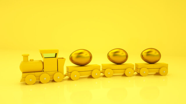 toy train model and golden egg. easter background. 3d render illustration