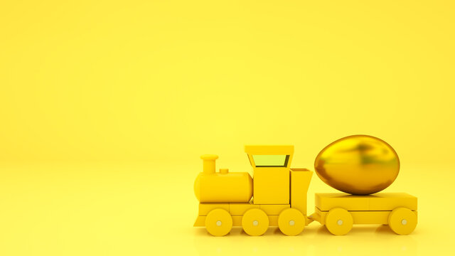 toy train model and golden egg. easter background. 3d render illustration