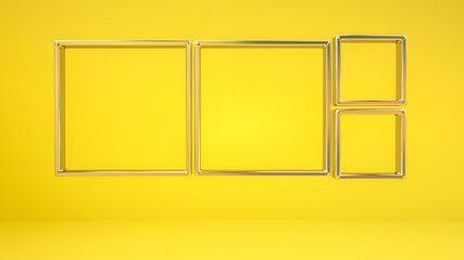 silver metallic three-dimensional frames on a yellow background. 3d render illustration