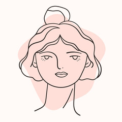 Illustration of the face of a young woman on the background of an abstract shape. Hand drawn art in modern style.