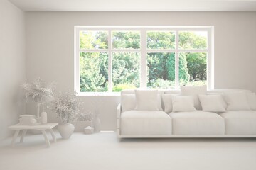 Mock up of stylish room in white color with sofa and green landscape in window. Scandinavian interior design. 3D illustration