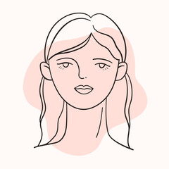 Illustration of the face of a young woman on the background of an abstract shape. Hand drawn art in modern style.