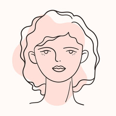 Illustration of the face of a young woman on the background of an abstract shape. Hand drawn art in modern style..