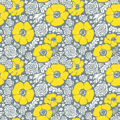 Floral seamless pattern. Big illuminating yellow flowers and white  leaves on ultimate gray background. Vector illustration.