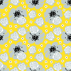 Floral seamless pattern. Ultimate gray flowers and small white flowers on a  illuminating yellow background. Vector illustration.