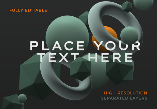 Floating Cluster of 3D Geometric Shapes on Dark Background Mockup
