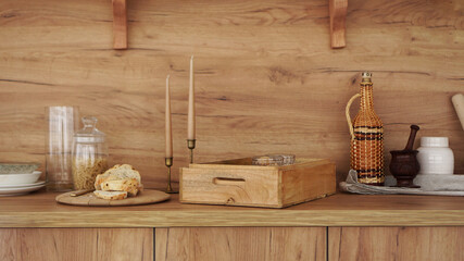 Wooden interior of modern kitchen. Scandinavian style, rustic style in warm brown tones
