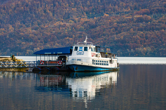Old cruise ship, Danube river view from Orsova, Romania, 2020.