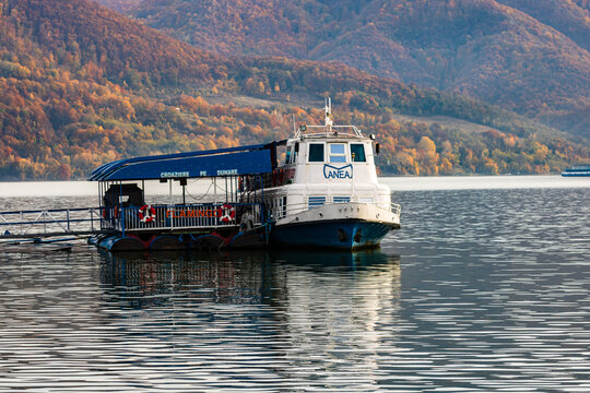 Old cruise ship, Danube river view from Orsova, Romania, 2020.