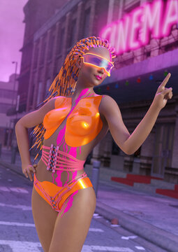 A 3d digital render of a futuristic cyberpunk woman standing outside a theater.