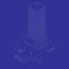 Isometric icon high glass building sketch. Urban elements modern architecture