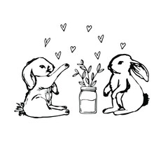 Easter bunny, bunny. A pair of hares in love. Happy easter. Valentine's Day. Coloring book for children and adults. For the design of textiles, wallpaper. Manual graphics. Isolate