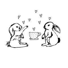 Easter bunny, bunny. A pair of hares in love. Happy easter. Valentine's Day. Coloring book for children and adults. For the design of textiles, wallpaper. Manual graphics. Isolate