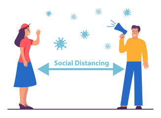 Man and woman wearing surgical mask.Social distancing to prevent coronavirus.Safe space between people.Guy holds loudspeaker.Cartoon characters flat vector.