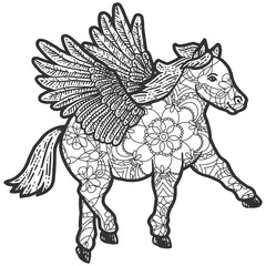 Animal coloring pages. Pony with wings. Line art design in zentangle style.
