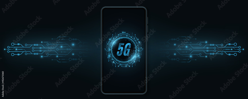 Poster smartphone mockup with 5g global network concept. high speed wi-fi internet connection. hi-tech and 