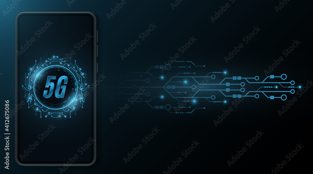 Poster smartphone mockup with 5g global network. high speed wi-fi internet connection. hi-tech and sci-fi g