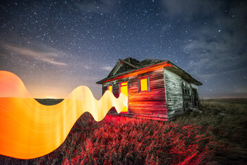 Long exposure, light painted abandoned building with starry sky
